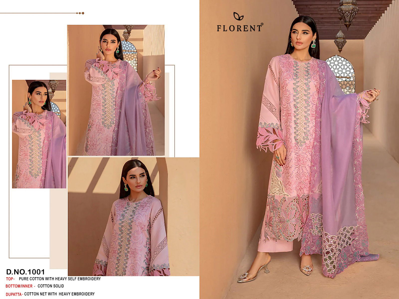 Florent 1001 To 1003 Embroidery Cotton Pakistani Suits Wholesale Price In Surat
